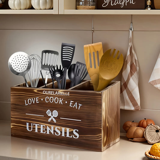 Wooden Cutlery Storage Box with Grid Compartments Chopstick Organizer Rack with Metal Accents for Kitchen Drawer Bedroom Desk Home Organization in Natural White Black