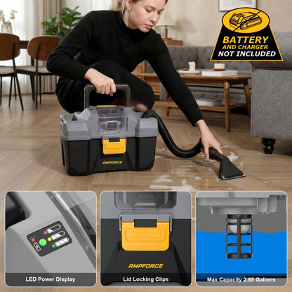 Cordless Wet Dry Vacuum 20V 2 Gallon - Powerful Suction Compatible with DeWalt 20V Batteries Long Hose 4 Nozzles Replacement Cartridge | Tool Only | Home Car Workshop Garage Cleaning