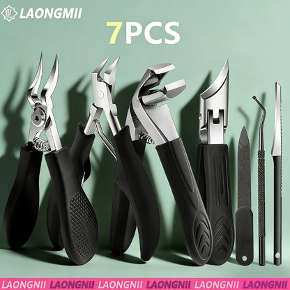 Seven-Piece Wide-Jaw Toenail Clipper Set with Stainless Steel Pedicure Tools for Home Nail Care