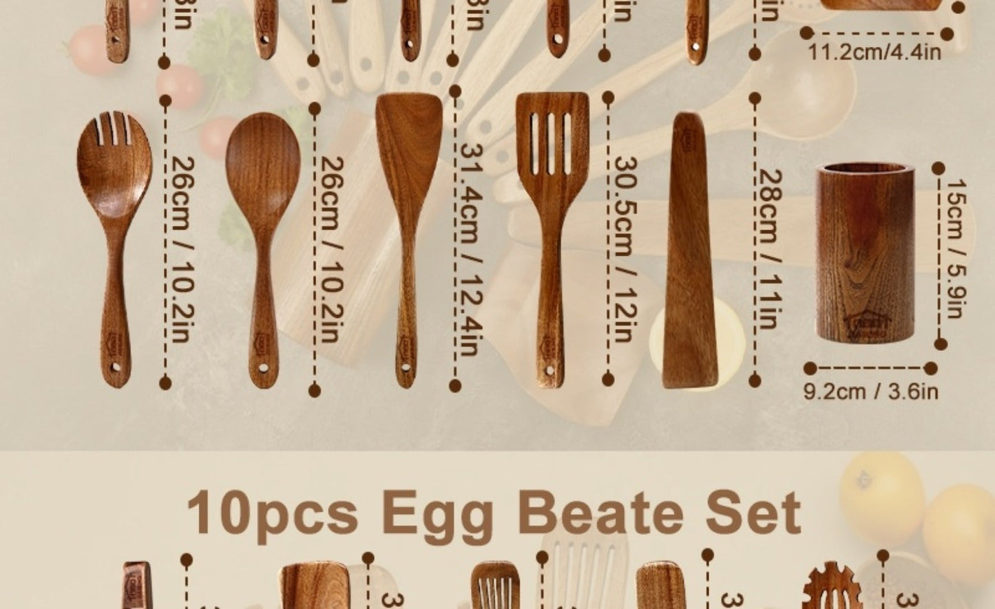 Wooden Spoons for Cooking 10 Pcs – Teak Wood Kitchen Utensils Set, Non-Stick Safe Spatulas & Spoon Cooking Tools