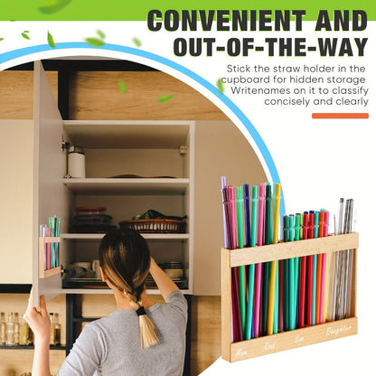 9.8 Inch Acacia Wood Straw Holder for Cabinet Doors, Counters and Reusable Straw Organization