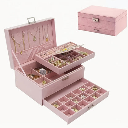 Jewelry Organizer Velvet-Lined Box with Key-Lock Closure and Drawers in Green, Pink or Black