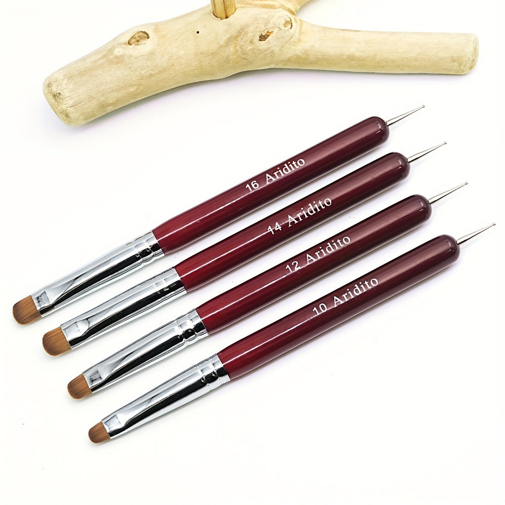 Acrylic Nail Art Brushes Set 4pcs with Dotting Pens - Red Wood Handle Precision Tips #10 #12 #14 #16 for French Manicure Nail Sculpting Cuticle Care Home Salon Women