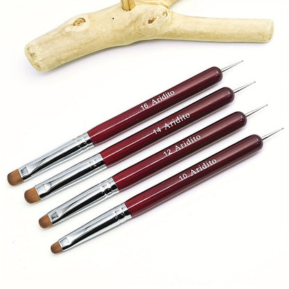 Acrylic Nail Art Brushes Set 4pcs with Dotting Pens - Red Wood Handle Precision Tips #10 #12 #14 #16 for French Manicure Nail Sculpting Cuticle Care Home Salon Women