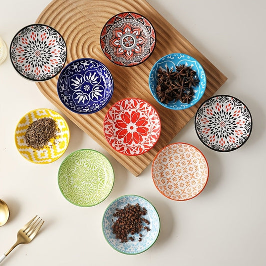 Dipping Sauce Dish Set 10/12 Piece Bohemian Ceramic – Colorful Small Plates for Soy Sauce Vinegar Spices Condiments Sushi Bar Restaurant Kitchen Party Boho Snack Seasoning Plate