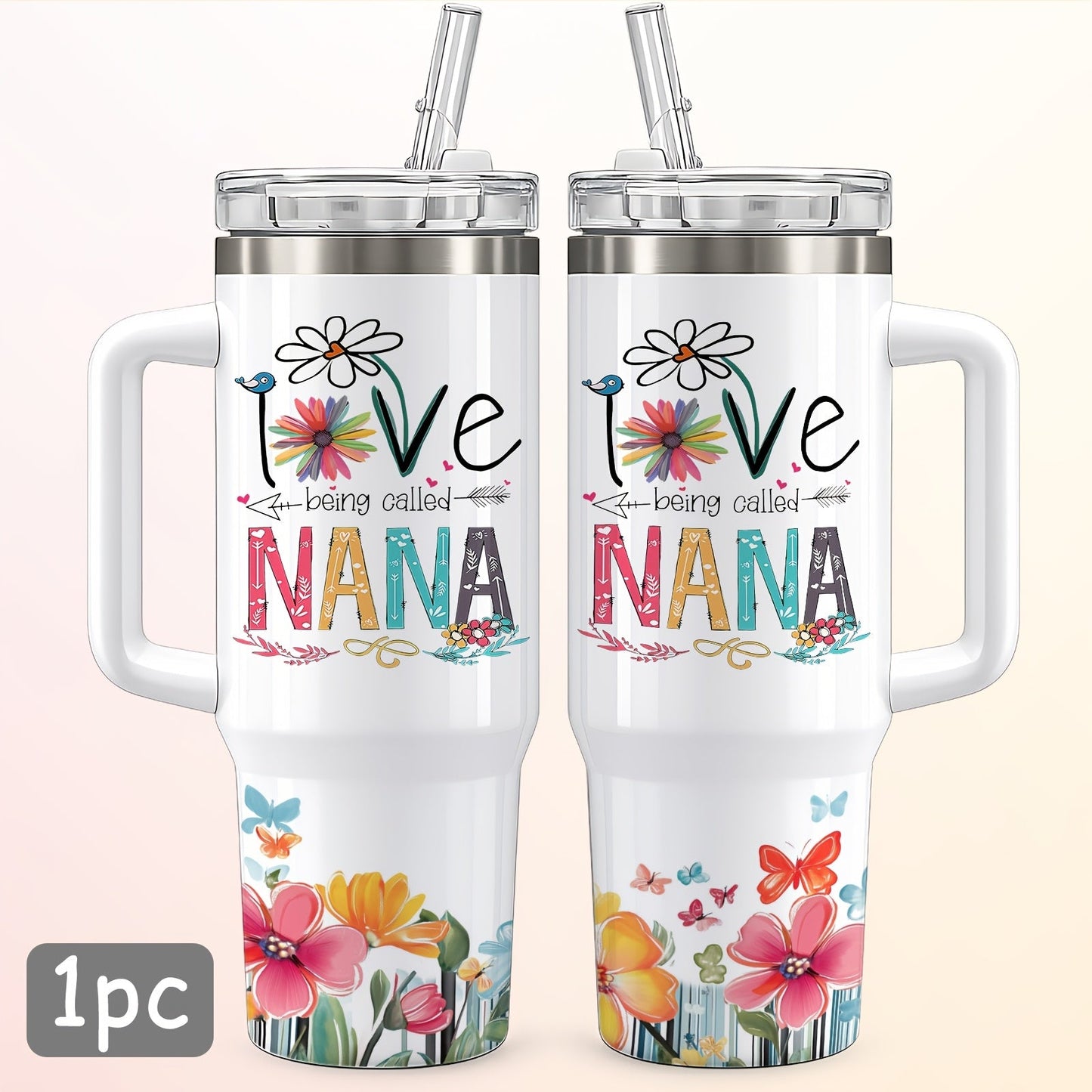Floral Nana Graphic Stainless Steel Tumbler with Lid and Straw in White 16oz or 40oz Options