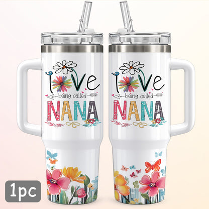 Floral Nana Graphic Stainless Steel Tumbler with Lid and Straw in White 16oz or 40oz Options