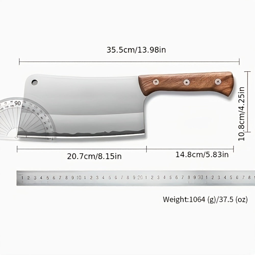 Extra-Thick 22 cm Blade Meat Cleaver with Hanging Hole, Broad Chopping Profile and Wood-Tone Handle