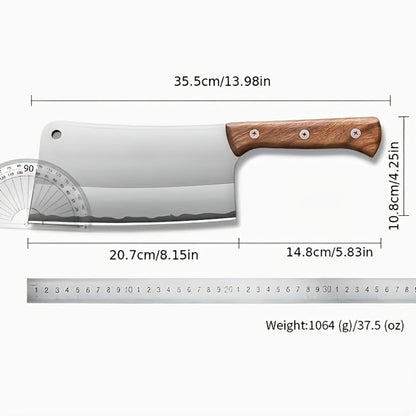 Extra-Thick 22 cm Blade Meat Cleaver with Hanging Hole, Broad Chopping Profile and Wood-Tone Handle