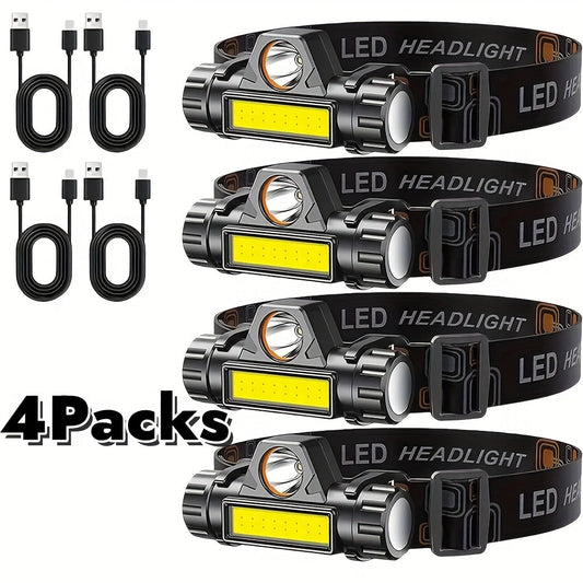 Rechargeable Headlamp 4 Pack, COB LED Head Lamp with Magnetic Base, USB Rechargeable Super Bright Headlight, Hands-Free Work Light for Camping Hiking Fishing Running Cycling, Hard Hat Clip Included