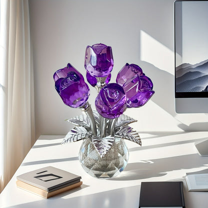 Glass Rose Floral Sculpture in Blue or Purple with Five Faceted Blooms and Silver-Tone Leaves for Display