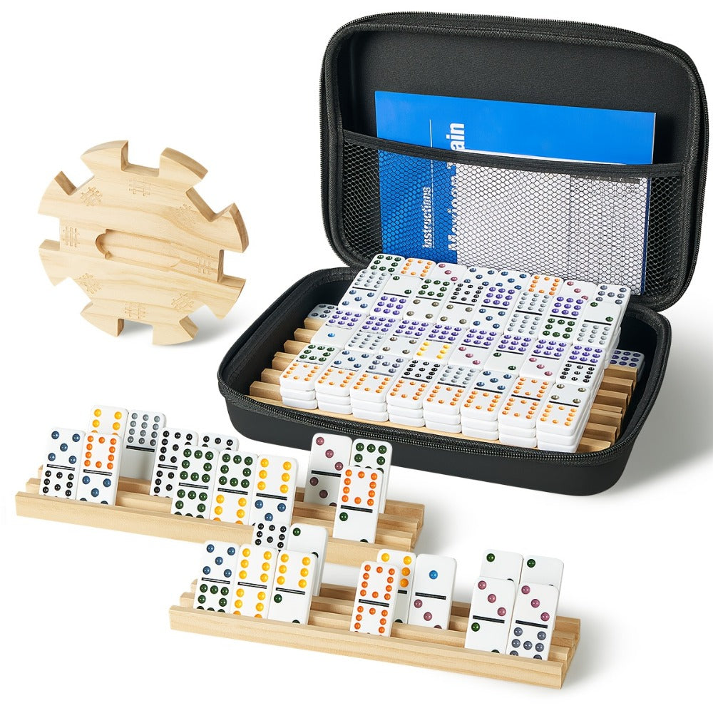 Mexican Train Dominoes Double 12 Set – 91 Colorful Tiles, 9 Metal Trains & 4 Wooden Racks, Complete Strategy Board Game with EVA Travel Case for Family Game Night, Adults & Kids, Classic Christmas & Holiday Gift