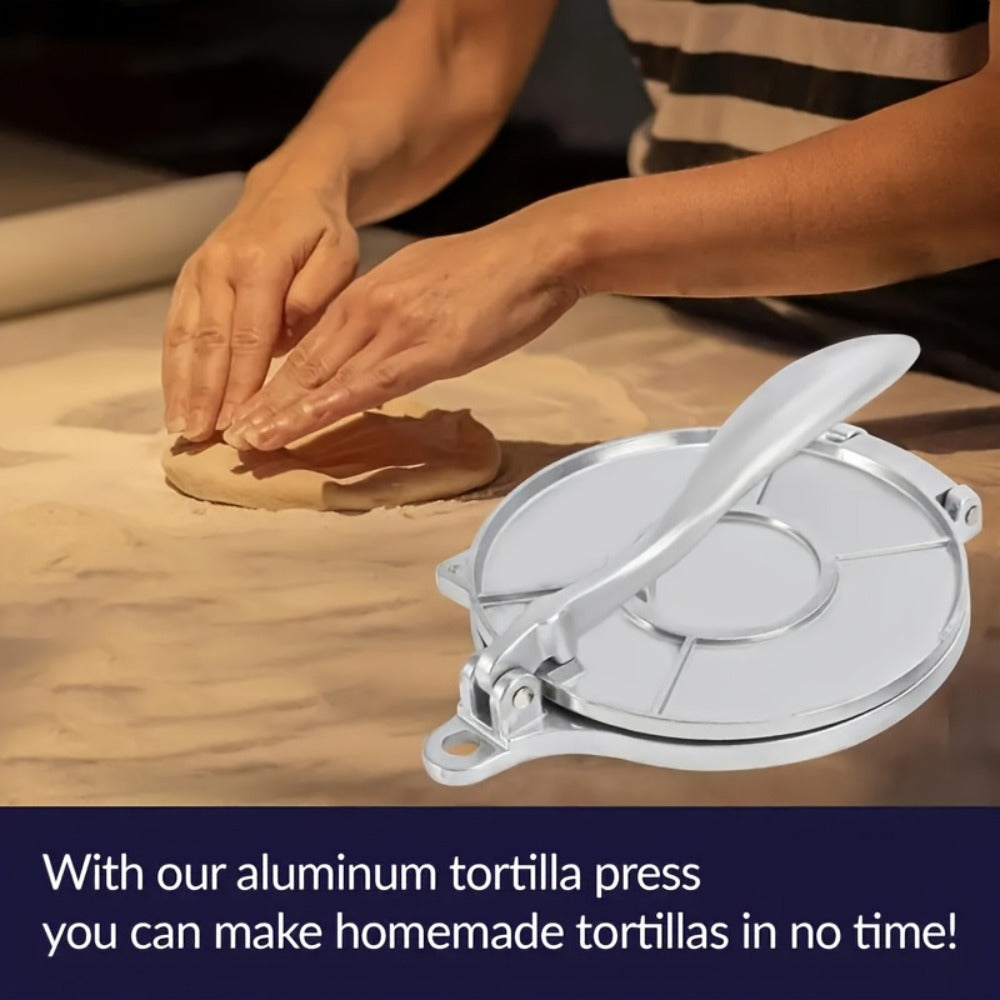 Manual Tortilla and Dough Press in 6.5- or 8-Inch Black Cast-Iron-Style Configurations for Flatbread Prep