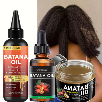 Batana Oil 3-Piece Hair Care Kit – Pure Cold-Pressed Honduras Batana Oil 3.38oz + Essential Oil 1.01oz + Hair Cream 120g, Scalp Repair, Anti-Breakage, All Hair Types