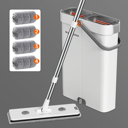 Flat Mop and Bucket Set with Metal Rod 360 Degree Swivel Head Reusable Microfiber Pads Hands-Free Wringing Wet Dry Floor Cleaning System for Hardwood Tile Bathroom Bedroom Living Room