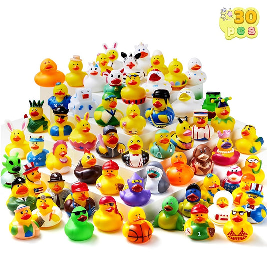 30 Pack Mini Rubber Ducks Assorted with Mesh Bag – 2" Floating Bath Toys for Kids, Variety Zoo Animal Unicorn Pirate Designs, Baby Shower Party Favors, Birthday Gifts for Boys & Girls