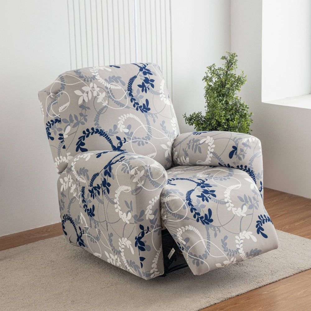 Chair Cover Four-Piece Printed Recliner Slipcover with Side Pockets in Ten Available Pattern Choices