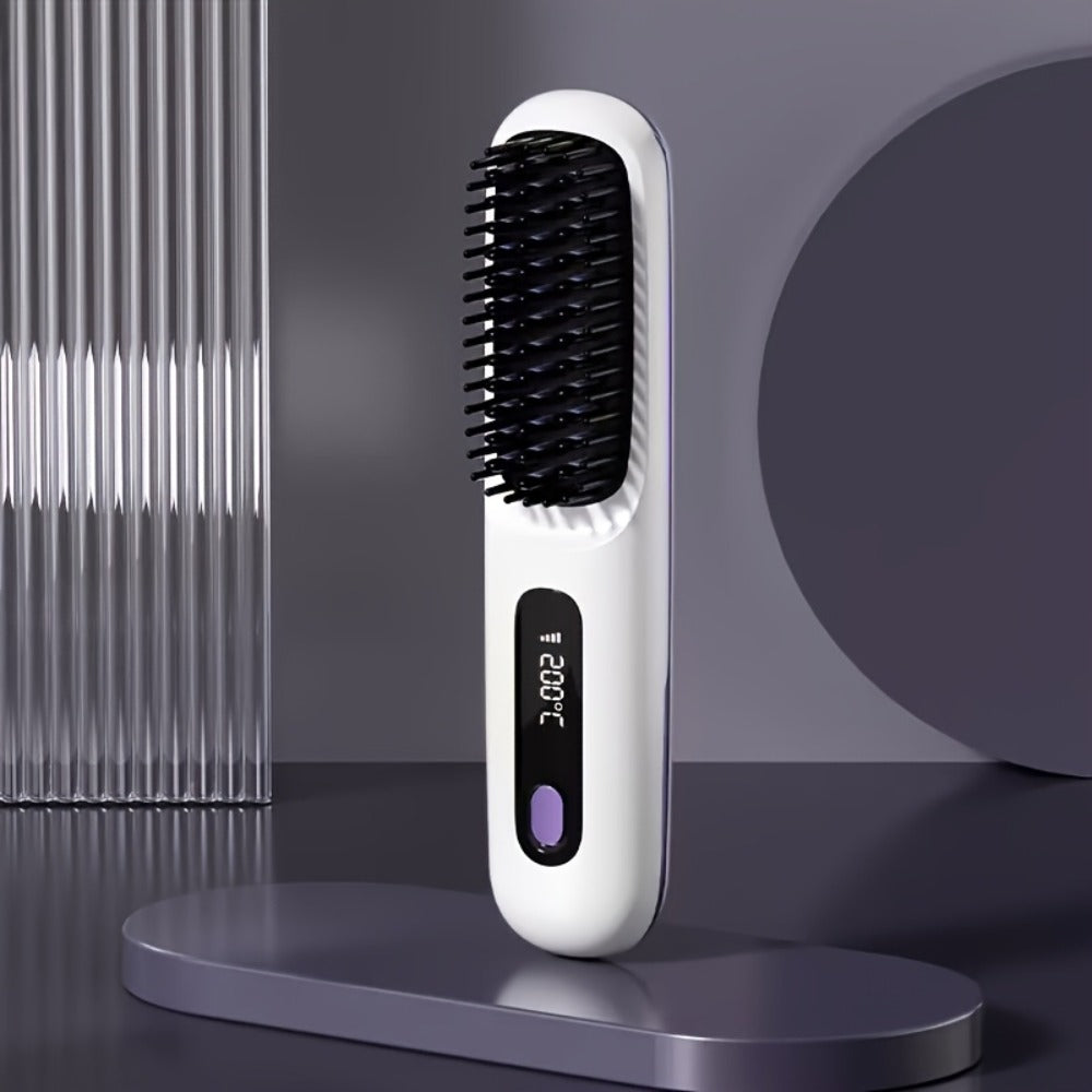 Cordless Straightening Brush Hair Styling Tool with Rechargeable Power and Black or White Finish