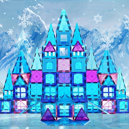 32-Piece Blue and Purple Magnetic Tile Castle Set with Squares, Triangles and Window Pieces