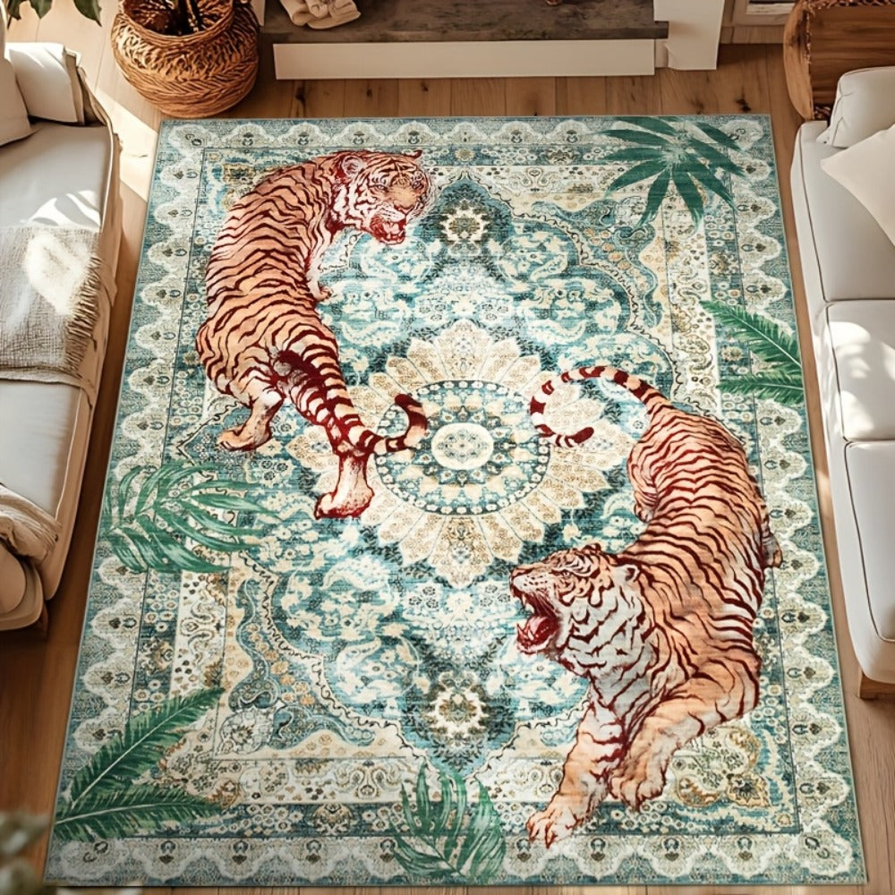 Area Rug, Tiger and Jungle Forest Print Ultra-Thin Indoor Carpet in Three Colors with Machine-Wash Care