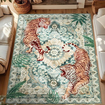 Area Rug, Tiger and Jungle Forest Print Ultra-Thin Indoor Carpet in Three Colors with Machine-Wash Care