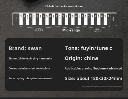 Blues Harmonica, SWAN, 28-Hole, Chromatic for Blues Practice detail image - detail view 10