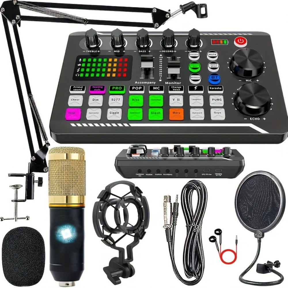 BM-800 gold condenser microphone kit with audio mixer, boom arm, pop filter, shock mount, earphone and cables