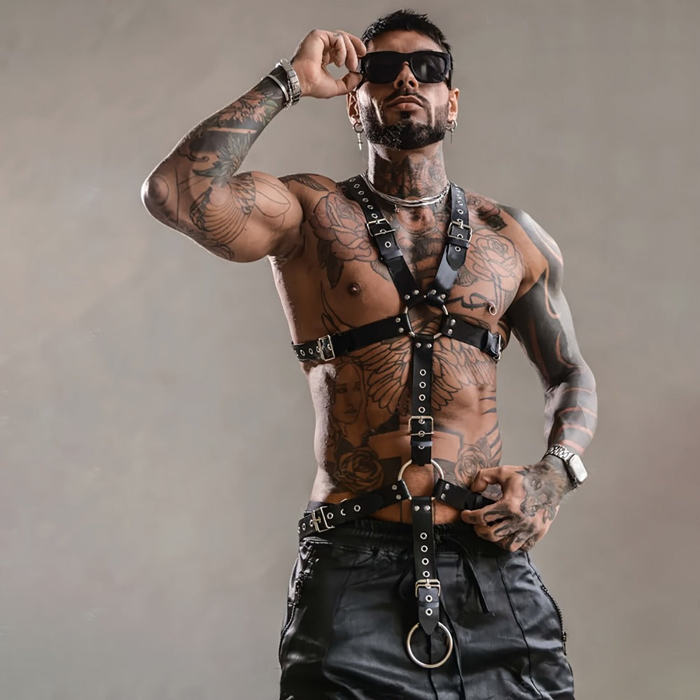Body Harness - Gothic Men PU Leather Rivet Suspenders Punk Adjustable Non-Stretch - product detail view 3