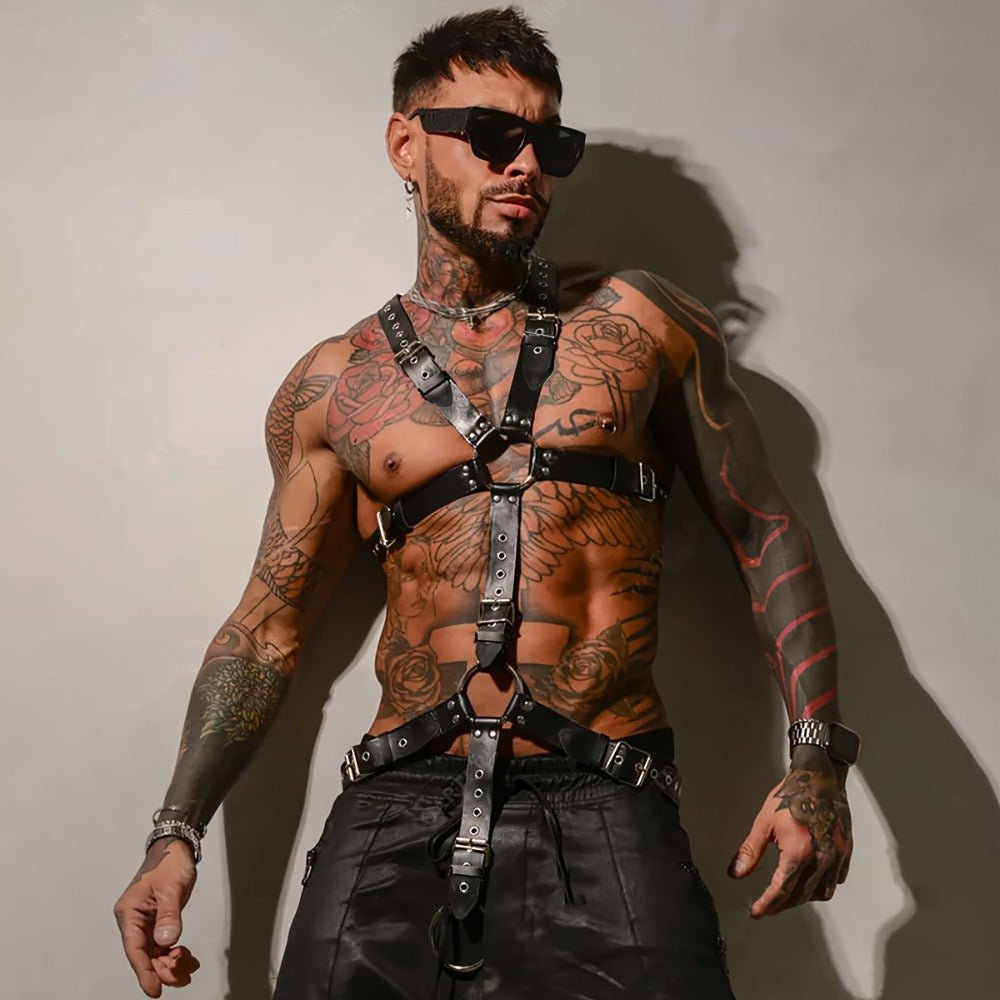 Body Harness - Gothic Men PU Leather Rivet Suspenders Punk Adjustable Non-Stretch - product detail view 4