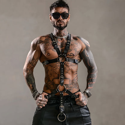 Body Harness - Gothic Men PU Leather Rivet Suspenders Punk Adjustable Non-Stretch - product detail view 7