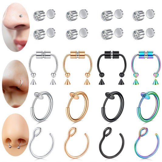 Body Jewelry - Fake Nose Rings Set Clip On Non-Piercing Faux Septum Hoop Sparkling for - main product view