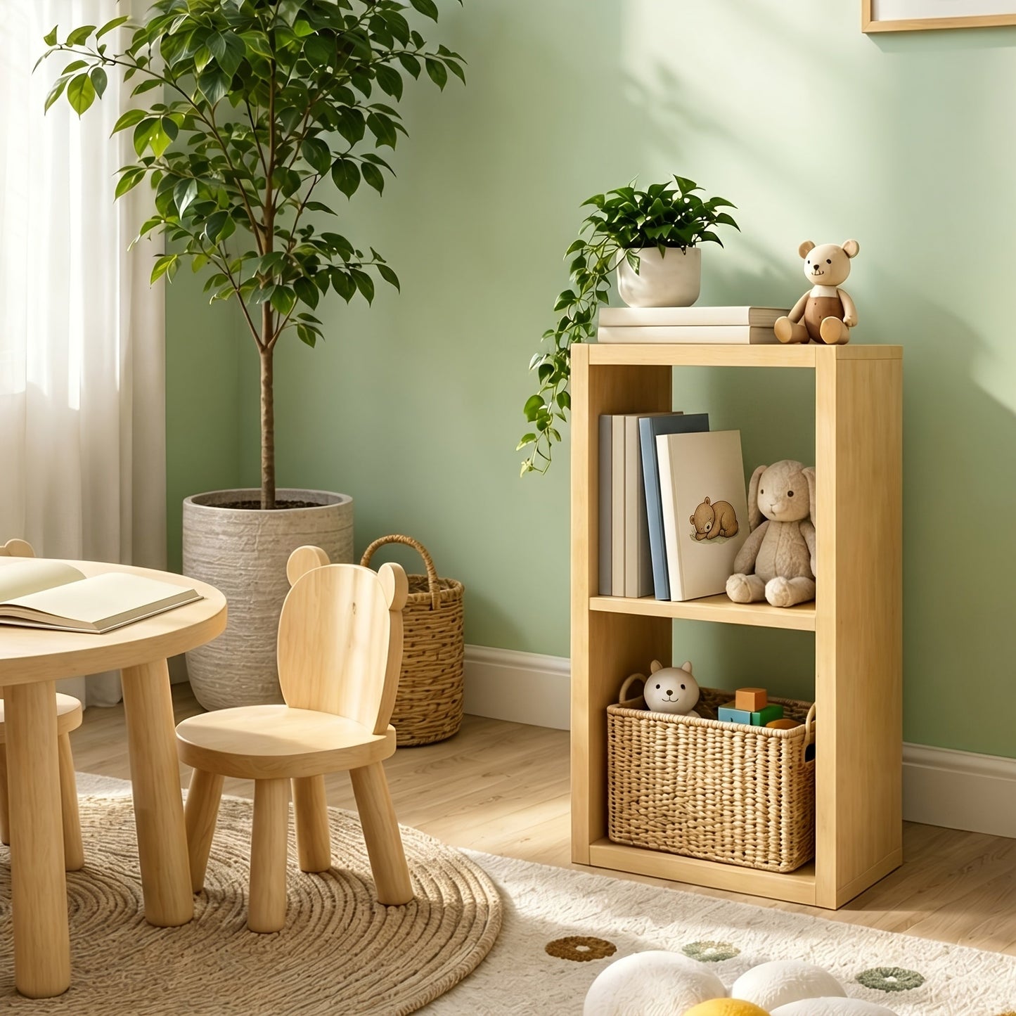 Bookshelf shown in the 2 cubes in natural wood color option