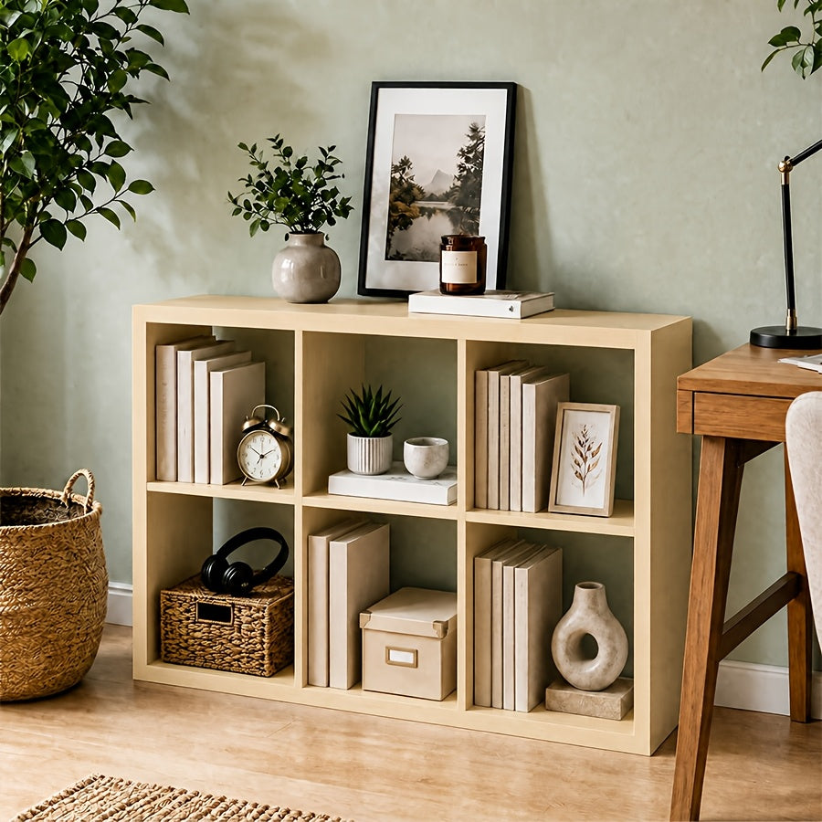 Bookshelf shown in the 6 cubes in natural wood color option