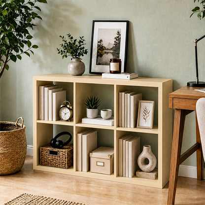 Bookshelf shown in the 6 cubes in natural wood color option