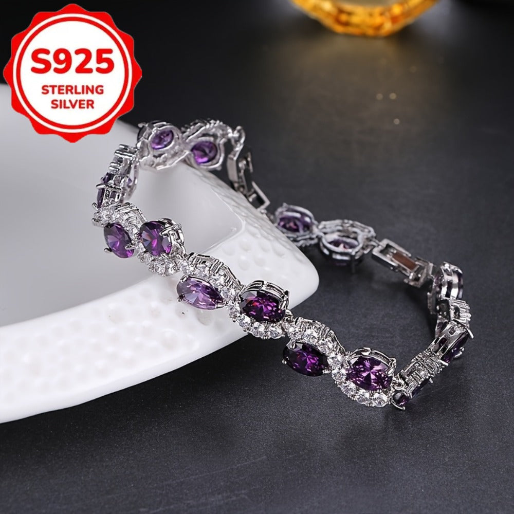 Bracelet for Women - 925 Sterling Silver Purple Crystal Oval Chain Sparkling Luxury Platinum - product detail view 2