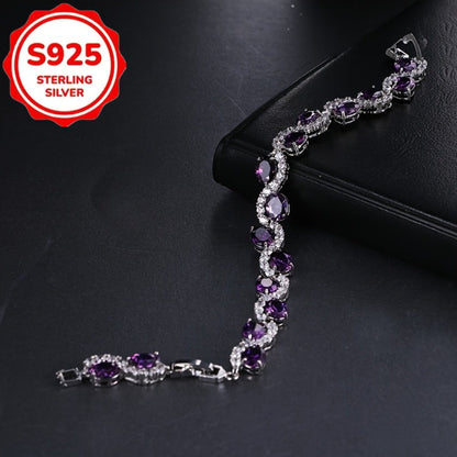 Bracelet for Women - 925 Sterling Silver Purple Crystal Oval Chain Sparkling Luxury Platinum - product detail view 3