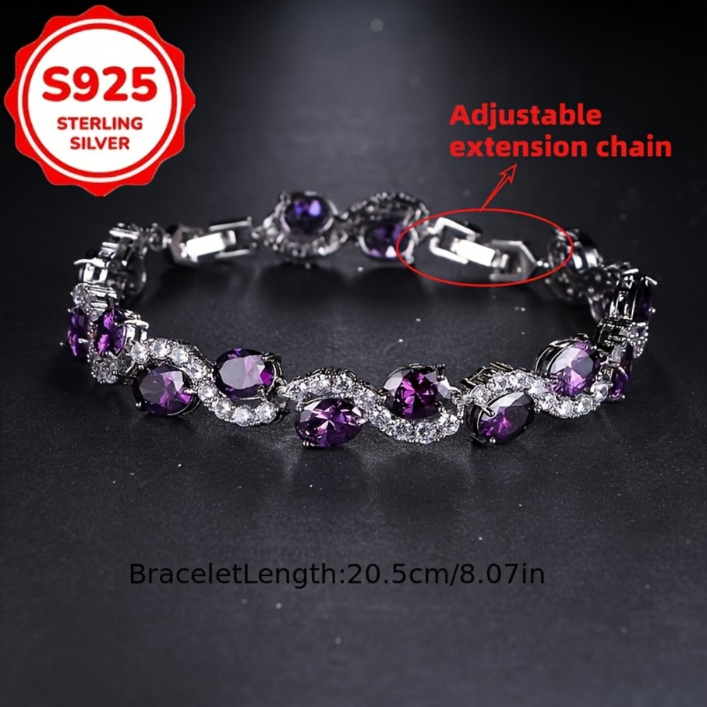 Bracelet for Women - 925 Sterling Silver Purple Crystal Oval Chain Sparkling Luxury Platinum - product detail view 4