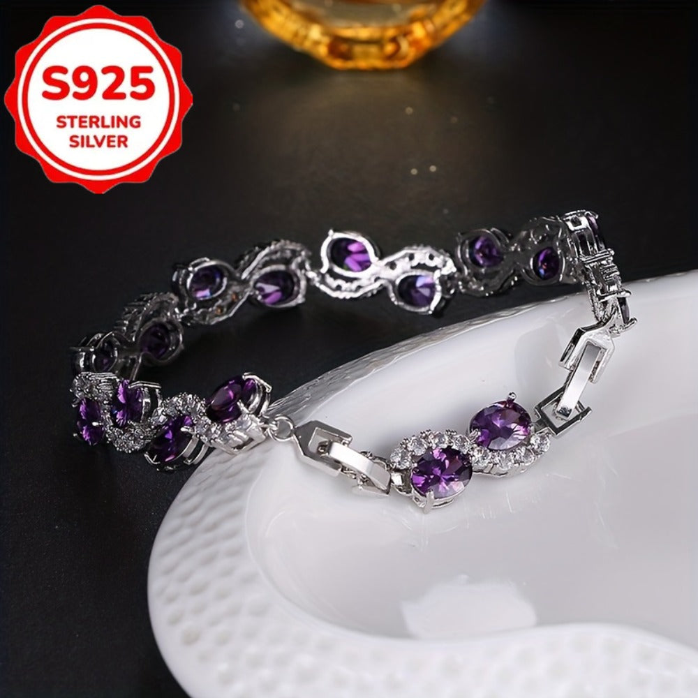 Bracelet for Women - 925 Sterling Silver Purple Crystal Oval Chain Sparkling Luxury Platinum - product detail view 5