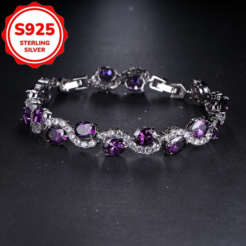 Bracelet for Women - 925 Sterling Silver Purple Crystal Oval Chain Sparkling Luxury Platinum - product detail view 6