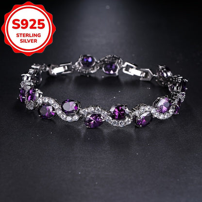 Bracelet for Women - 925 Sterling Silver Purple Crystal Oval Chain Sparkling Luxury Platinum - product detail view 6