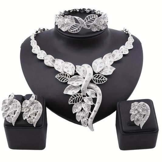 Bridal Jewelry Set - Rhinestone 4 Pieces Necklace Earrings Bracelet Ring for Women Elegant - main product view