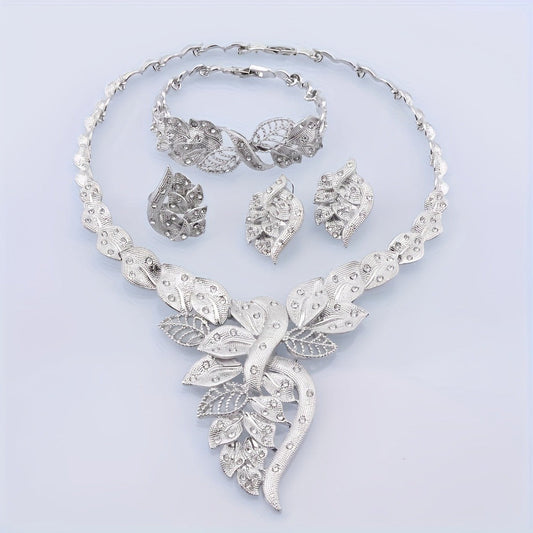 Bridal Jewelry Set - Rhinestone 4 Pieces Necklace Earrings Bracelet Ring for Women Elegant - product detail view 2
