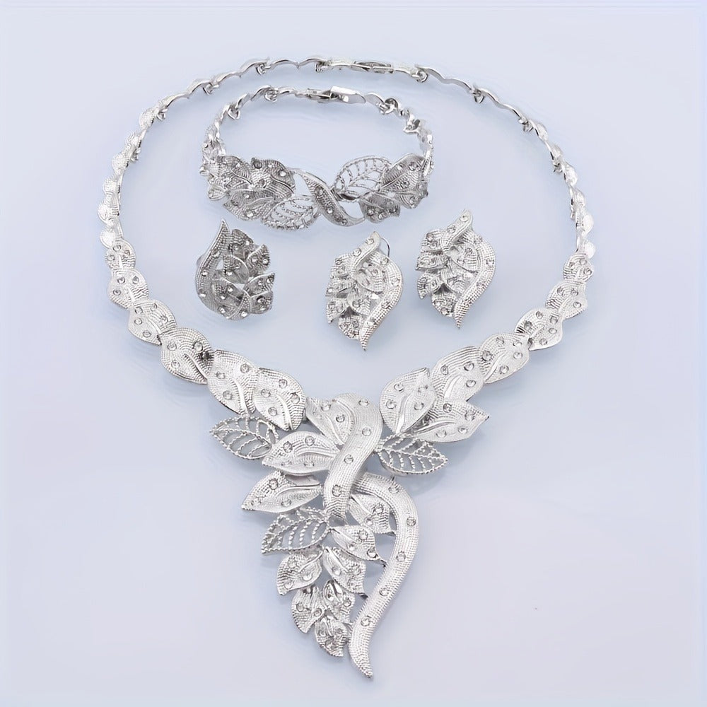 Bridal Jewelry Set - Rhinestone 4 Pieces Necklace Earrings Bracelet Ring for Women Elegant - product detail view 2