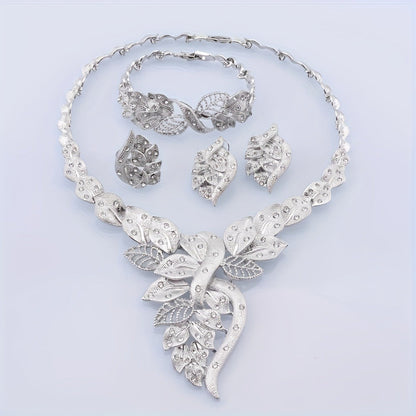 Bridal Jewelry Set - Rhinestone 4 Pieces Necklace Earrings Bracelet Ring for Women Elegant - product detail view 2