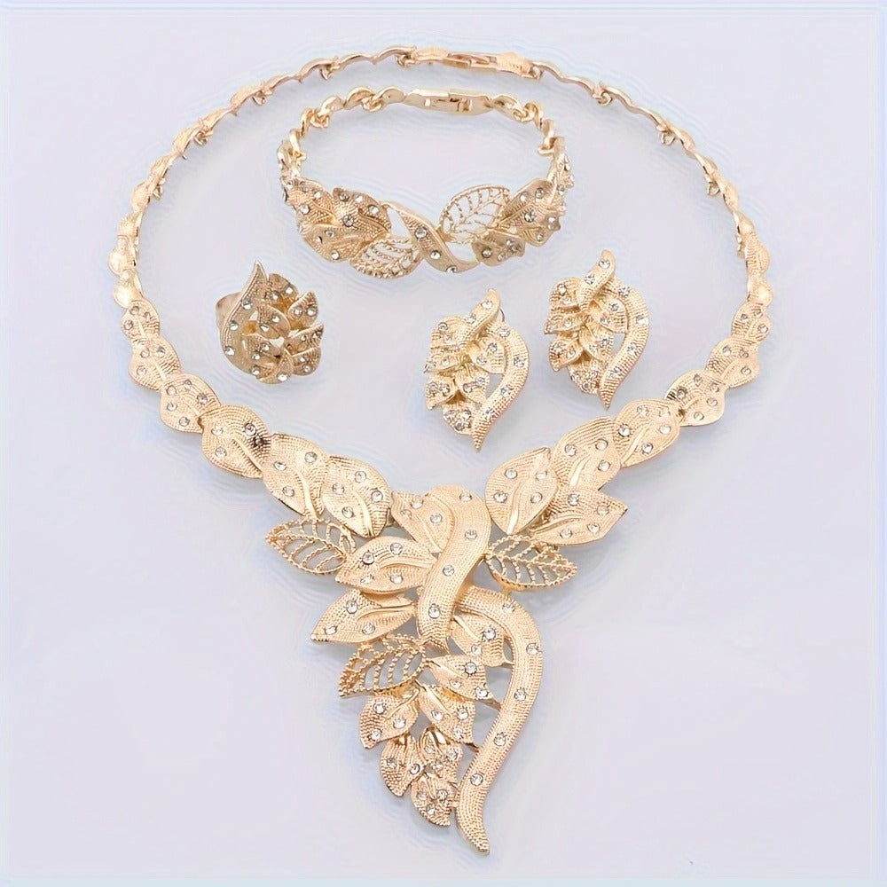 Bridal Jewelry Set - Rhinestone 4 Pieces Necklace Earrings Bracelet Ring for Women Elegant - product detail view 6