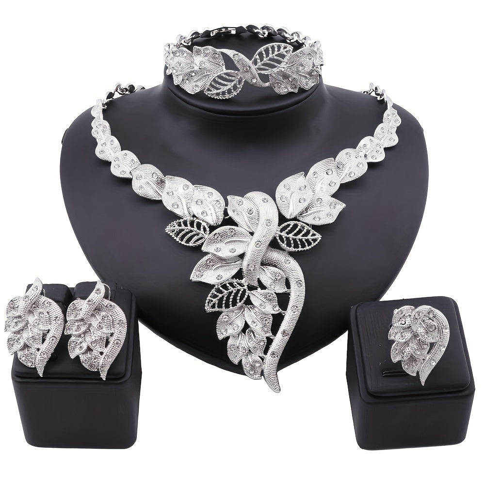 Bridal Jewelry Set - Rhinestone 4 Pieces Necklace Earrings Bracelet Ring for Women Elegant - product detail view 11