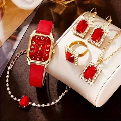 Bridal Jewelry Set - Women's Watch & 6pcs PU Leather Quartz Watch with Matching Bracelet, Ring - product detail view 4