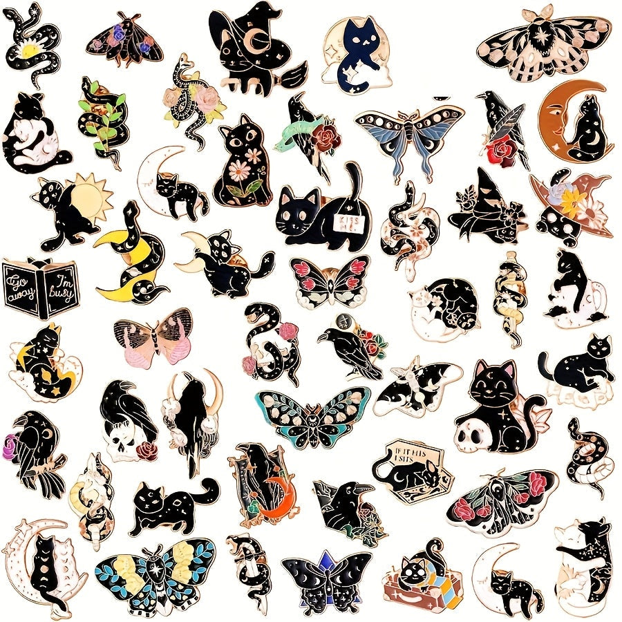 Brooch Pin - Black Enamel 100pcs Gothic Aesthetic Lapel Set Cats Butterflies Snakes - product detail view 6