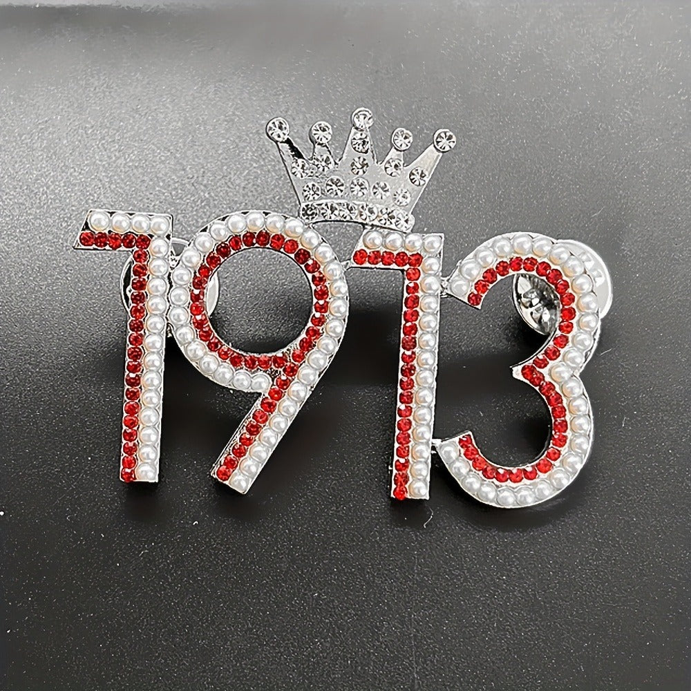 Brooch Pin - Delta Sigma Theta 1913 Crown Rhinestone Lapel - Red Greek Sorority Letter - product detail view 4