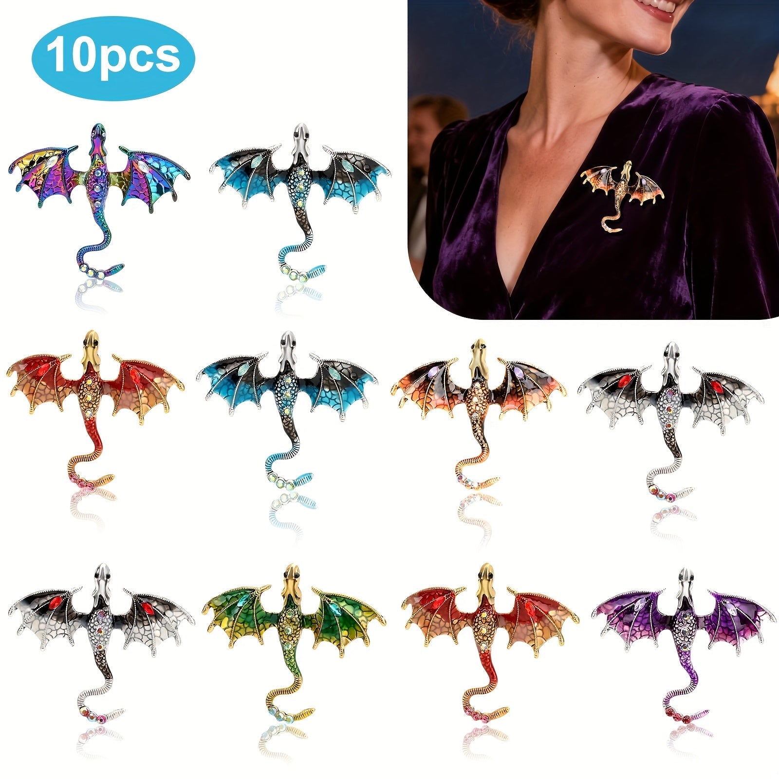 Brooch Pin - Dragon Set 10pcs 7 Colors Enamel Lapel Fantasy Gothic Cosplay Accessories - product detail view 9